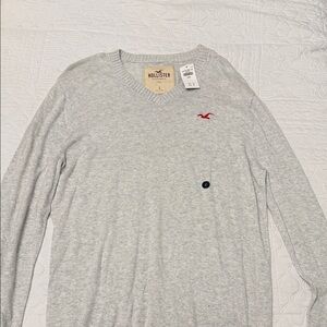 Hollister Light Gray V-Neck Sweater with Red Logo